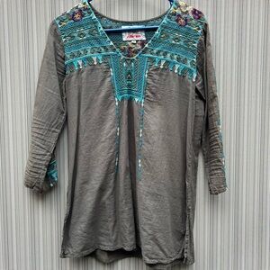 Johnny Was Teal and Gray Embroidered Tunic